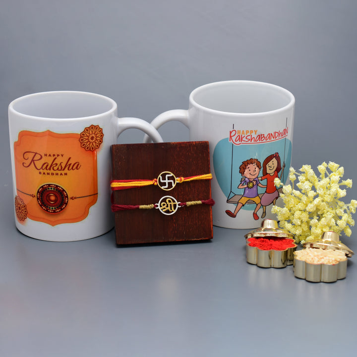 Swastik And Shree Silver Rakhi With Combo Mug