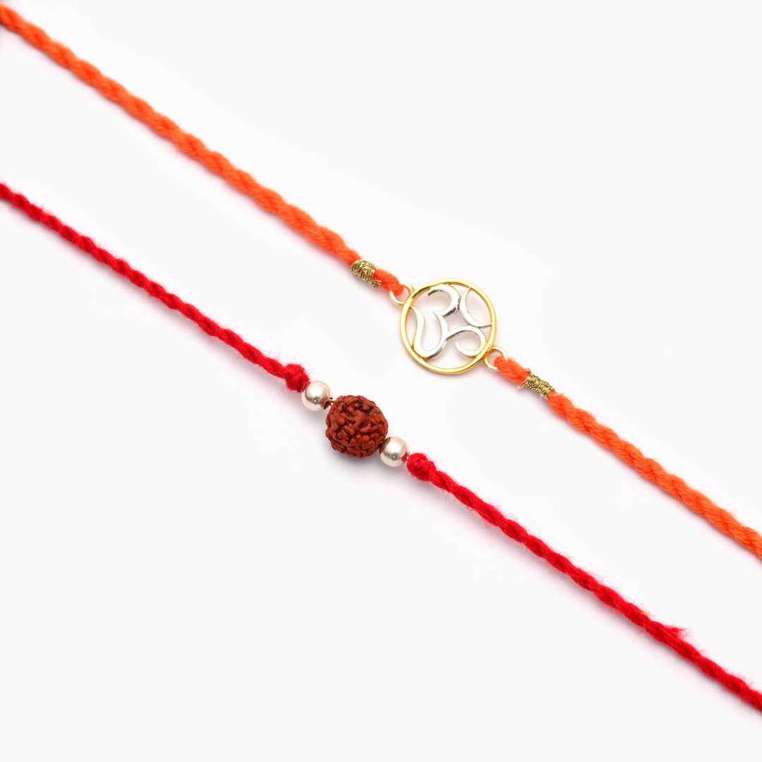 Om Symbol And Rudraksh Silver Rakhi Combo