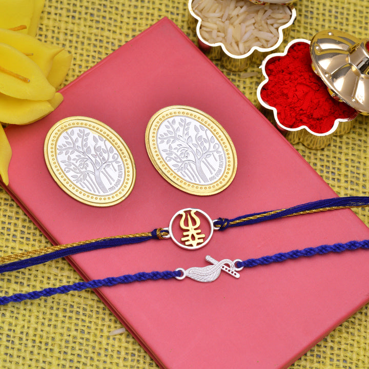 Premium Trishul And Krishna Ji Flute Silver Rakhi