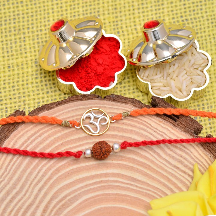 Om Symbol And Rudraksh Silver Rakhi Combo