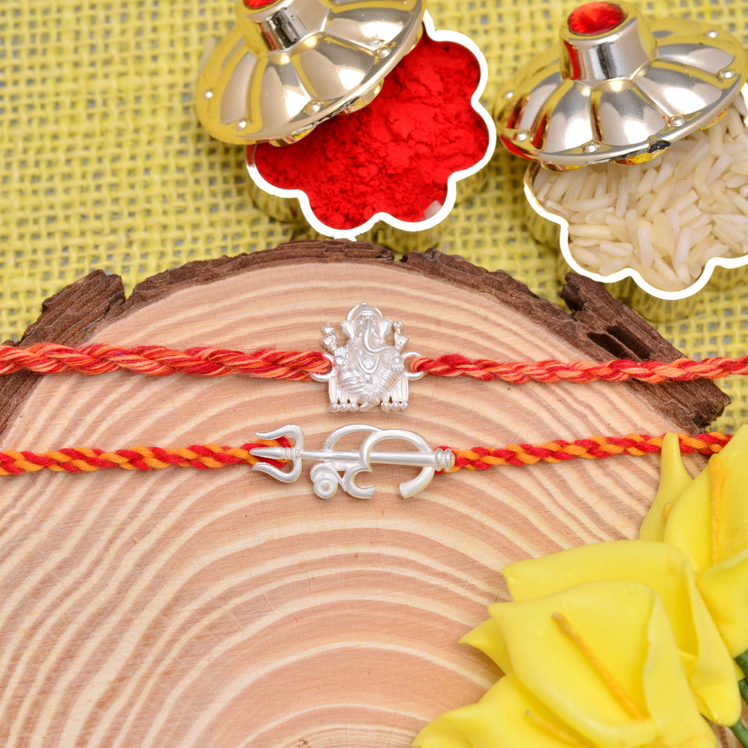 Lord Ganesha And Om With Trishul Silver Rakhi