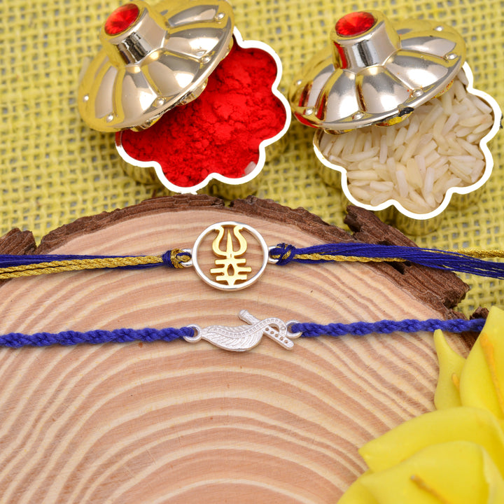 Trishul And Krishna Ji Flute Silver Rakhi