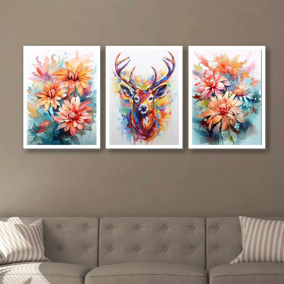 Rainbow Colour Flower And Swamp Deer Wall Painting