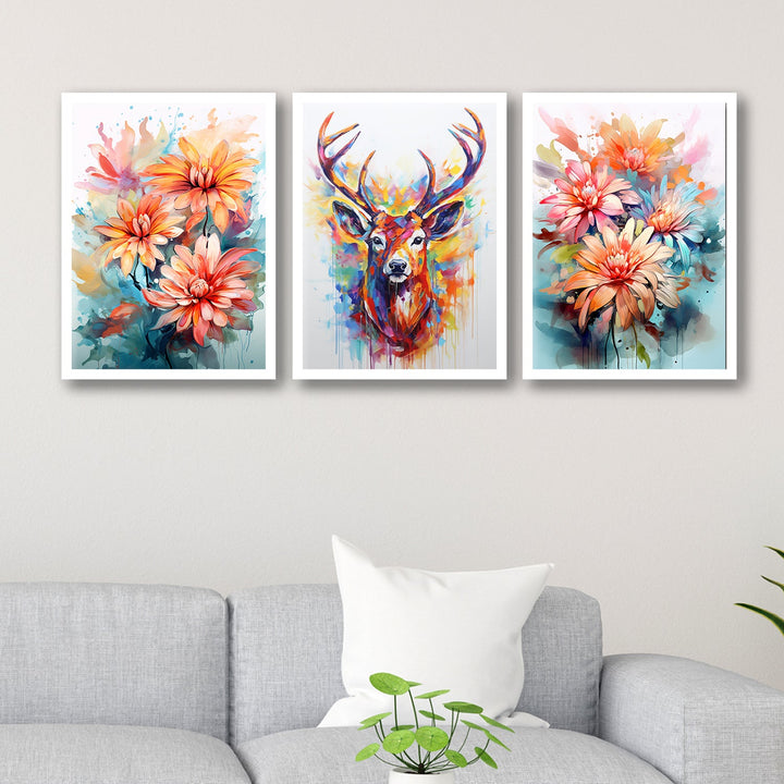 Rainbow Colour Flower And Swamp Deer Wall Painting