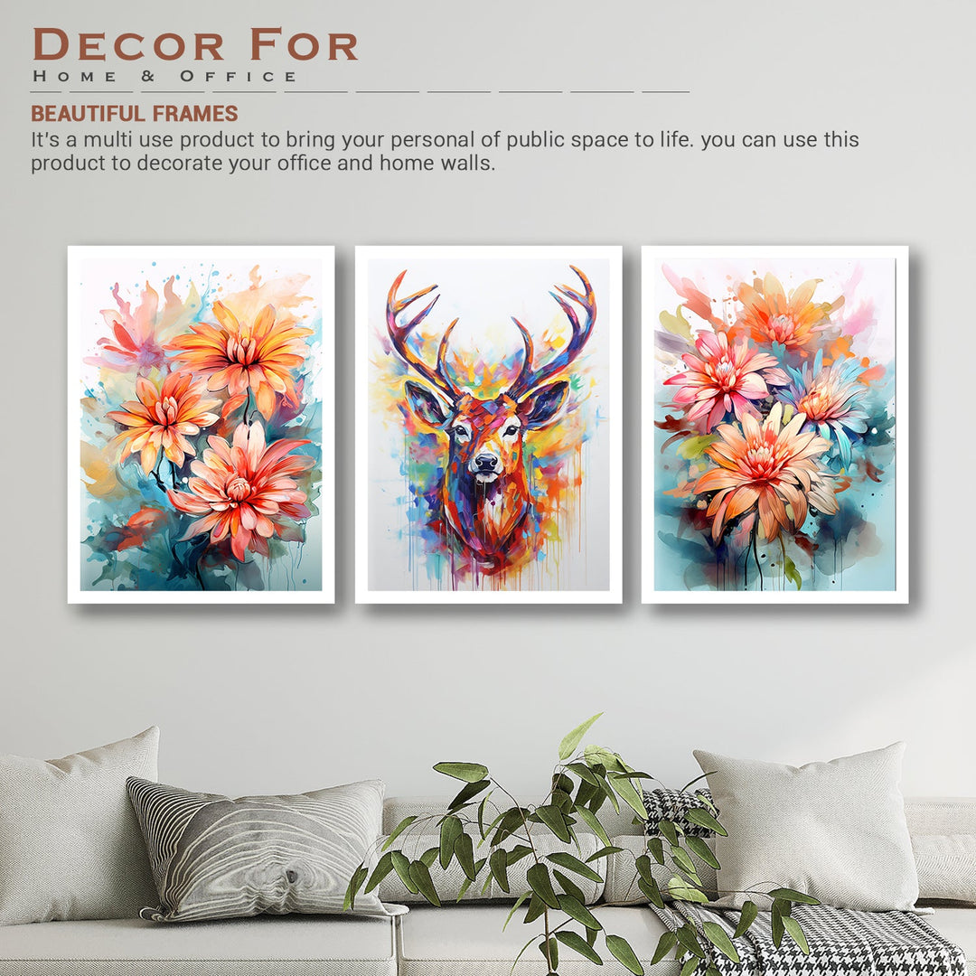 Rainbow Colour Flower And Swamp Deer Wall Painting