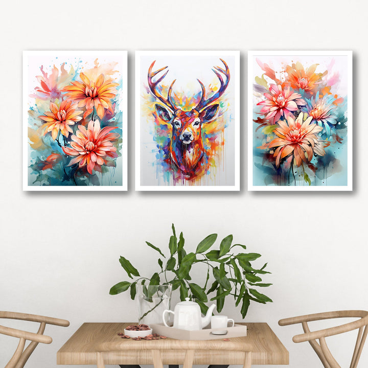 Rainbow Colour Flower And Swamp Deer Wall Painting