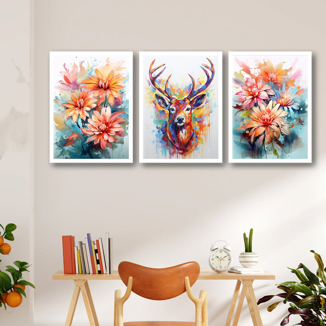 Rainbow Colour Flower And Swamp Deer Wall Painting