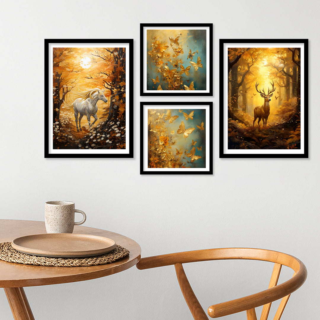 Golden Butterfly,Horse And Deer Wall Art