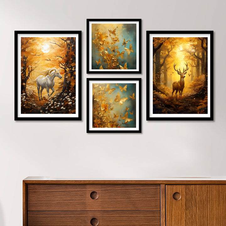 Golden Butterfly,Horse And Deer Wall Art