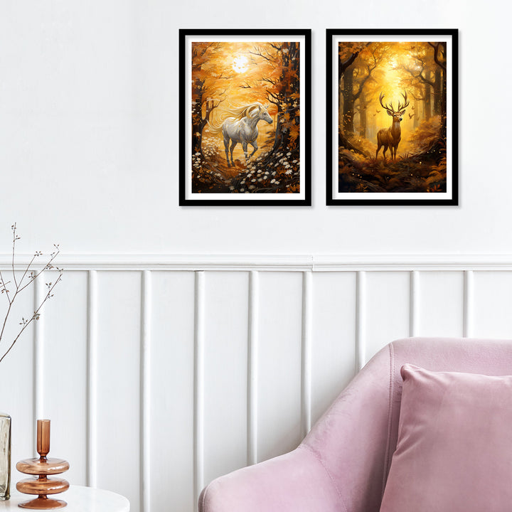 Golden Butterfly,Horse And Deer Wall Art