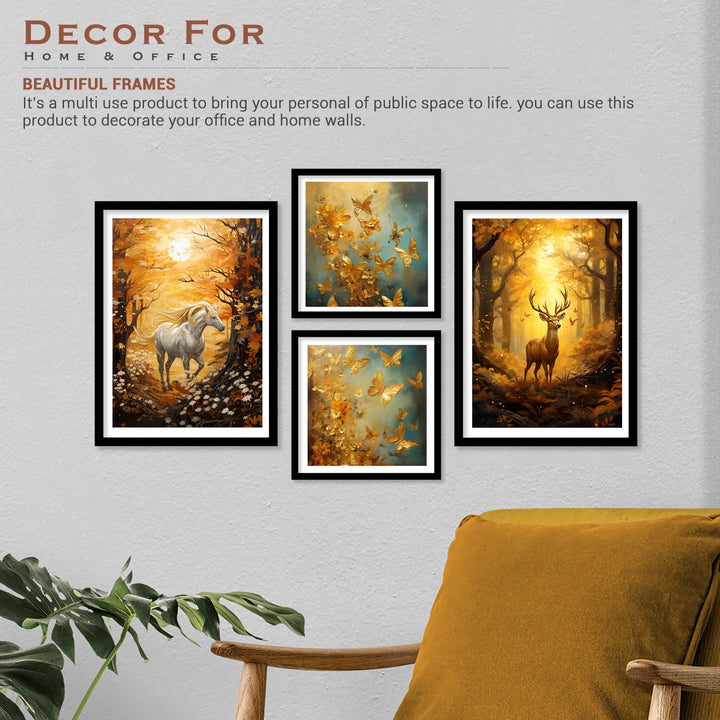 Golden Butterfly,Horse And Deer Wall Art