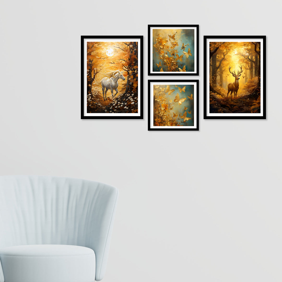 Golden Butterfly,Horse And Deer Wall Art