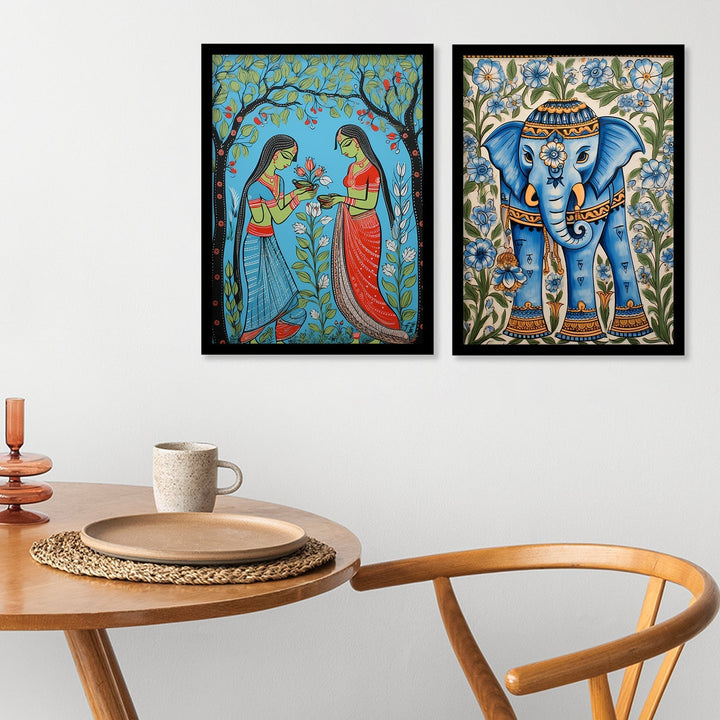 Floral Elephant Madhubani Framed Wall Painting