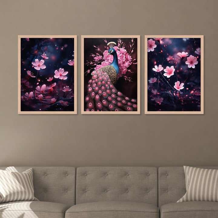 Pink Flower And Peacock Wall Art