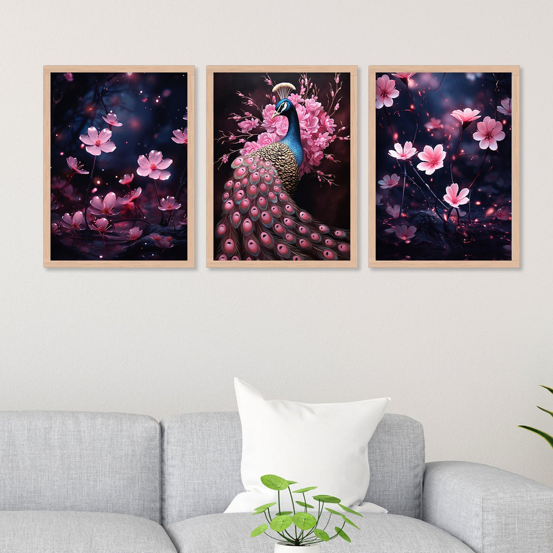 Pink Flower And Peacock Wall Art