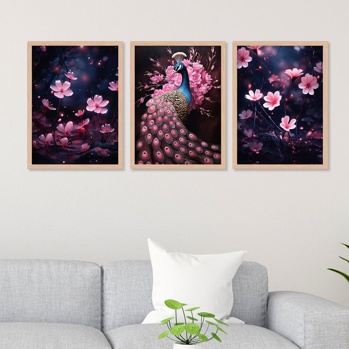 Pink Flower And Peacock Wall Art