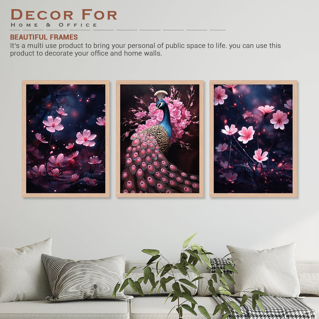 Pink Flower And Peacock Wall Art