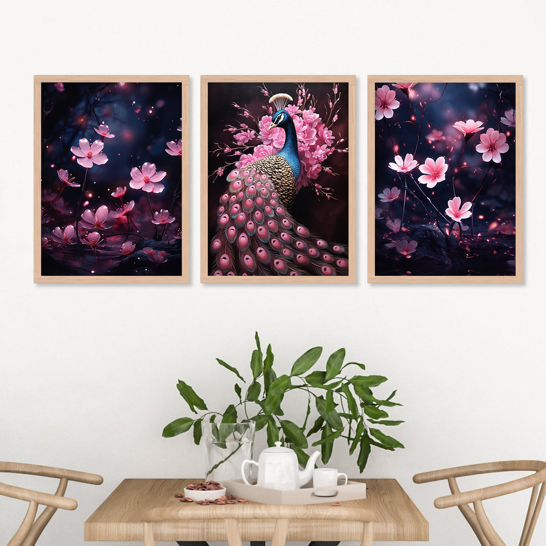 Pink Flower And Peacock Wall Art