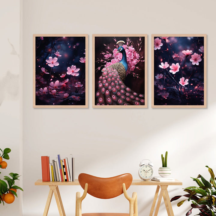 Pink Flower And Peacock Wall Art