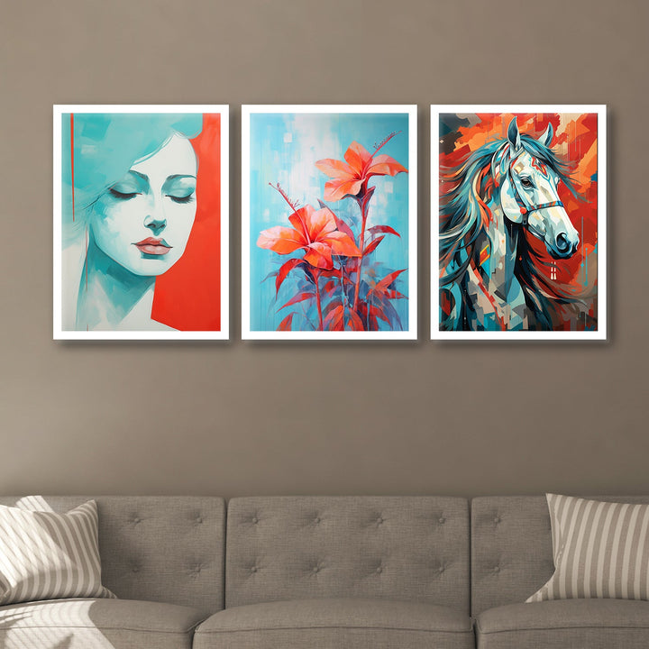 Lady Face , Horse And Flower Art Wall Painting